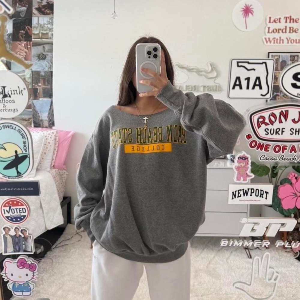 Palm Beach State College Florida off the shoulder grey sweatshirt crewneck